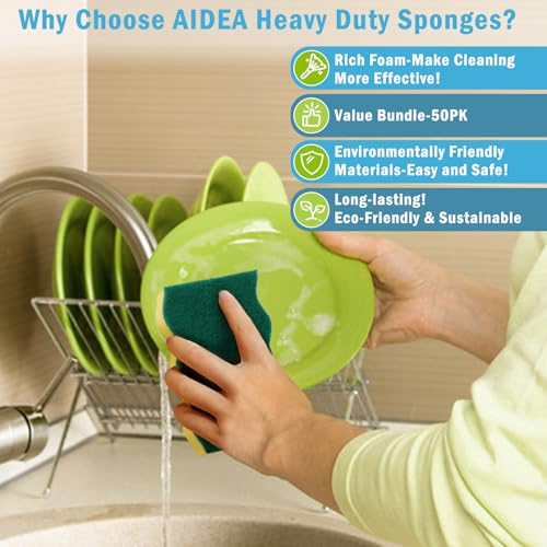 Image of AIDEA Sponges Kitchen, 50 Pack Heavy Duty Dish Sponge, Cleaning Dish Scrubber Sponge for Home and Kitchen, Stink-Free Cleaning Supplies for Pots, Pans