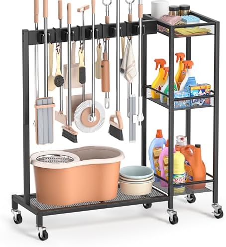 Broom Holder with Cleaning Supplies Organizer, Broom Closet Stora...