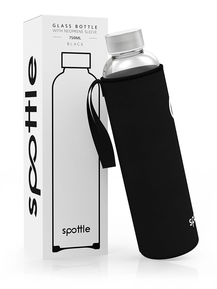 Spottle Glass Water Bottle 750ml with Neoprene Protective Cover – Screw Cap Drinking Bottle for Home, Office, Gym, Travel, Outdoors, Black