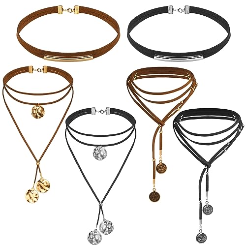 Ecally 6 Pcs Boho Choker Necklace Long Layered Western Cowgirl Necklace for Women Black Brown Suede Choker Jewelry with Tassels Birthday Gift
