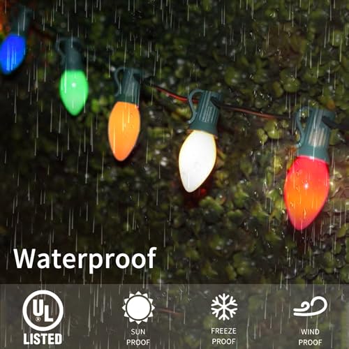 Image of 25FT C7 Multicolor Christmas Lights Outdoor, Waterproof LED String Lights with 25 Bulbs for Roof, Fence Patio Xmas Tree Holiday Decor