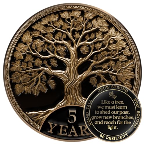Image of MilestoneMint 5 Year Sobriety Coin Tree of Life Gift Set | Anniversary Sobriety Gifts for Men & Women | AA Coins and Medallions with Token Capsule, Stand & Card | 3D Texture, Recovery AA Chips