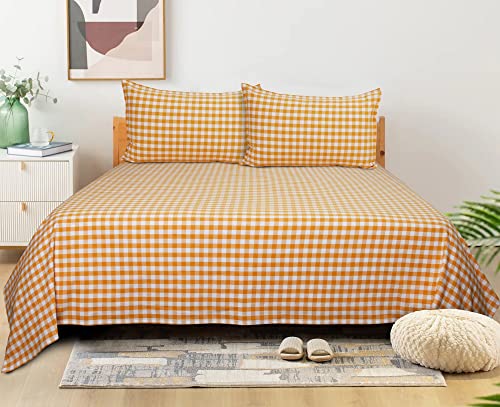 Image of AIRWILL, 200GSM Handloom Cotton Double Bedsheet with 2 Pillow Covers (Gingham Check Yellow)