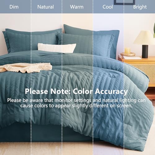 Image of CozyLux Oversized Queen Comforter Set with Sheets, 7 Pieces 98 inchx98 inch Mineral Blue Seersucker Bed in a Bag, Luxury Soft Bedding Sets with Down Alternative Comforter, Sheets, Pillowcases & Shams