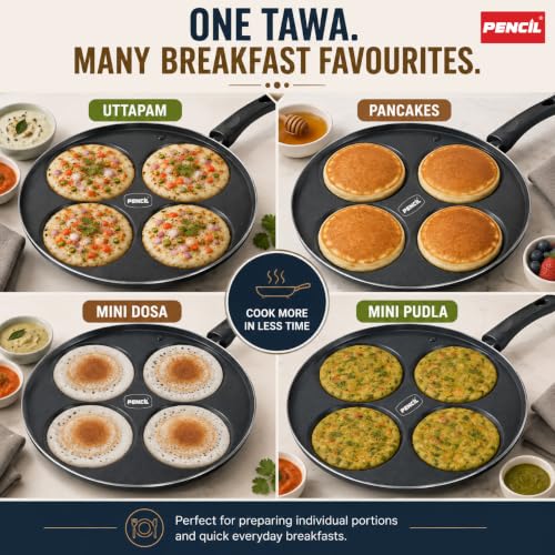 Image of Pencil Signature Non Stick Uttapam Tawa(4Pits) | 4 Cavities | Uttapam Maker | Pan Cake Maker | Gas Top Compatible Tawa | Durable and Efficient