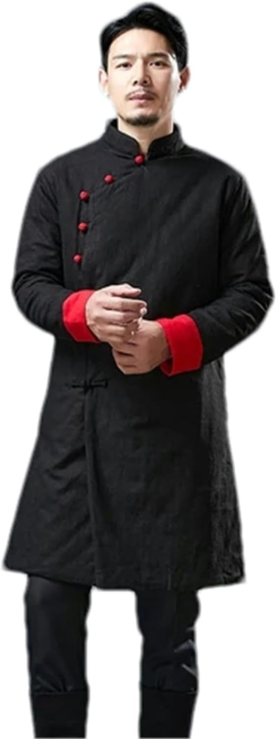 Winter Mid length Chinese Style Tang Suit Cotton padded Linen Jacket Thicken Kung Fu Gown Tai Chi Parkas