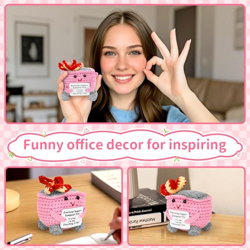 Image of Keyrose Emotional Support Dumpster Fire Crochet with Positive Card, a Cute Funny Handmade Knitted Doll Room Decor Crochet Animals Support Buddies Birthday Coworker Gifts for Women(Pink)