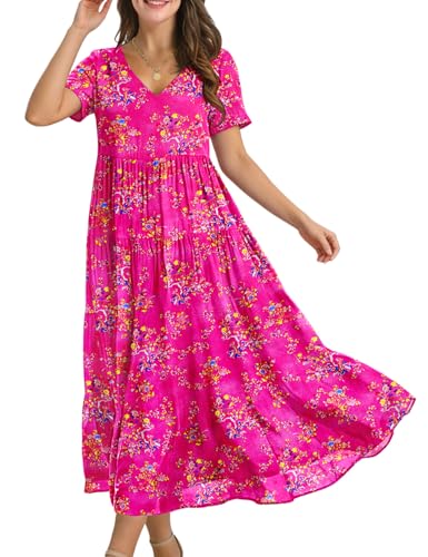 Image of YESNO Women's Summer Maxi Dresses Casual Floral Short Sleeve V Neck Boho Beach Vacation Swing Dress with Pockets EVF