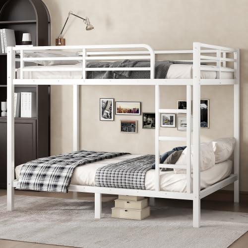 Full Over Full Bunk Bed, Metal Bunk Bed with Built-in Ladder, High Guardrail, Heavy Duty Metal Slats Support Noise Free No Box Spring Needed