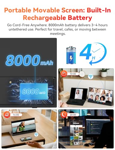 Image of 15.6 inch Wireless Portable Monitor Battery-Powered, Support AirPlay Miracast, 1080P FHD USB-C HDMI External Computer Display, Second Screen for Laptop MacBook PC Phone Tablet, w /Built-in Battery(4- 5H)