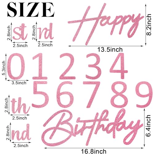 Image of Happy Birthday with 0-9 Numbers Sign for Backdrop - Glitter Felt Custom Age Happy Birthday Decal for Balloon Arch Birthday Decorations Baby Shower - Pink