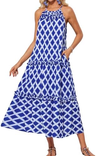 GRACE KARIN Women's Maxi Boho Dress Casual Summer Loose Long Floral Sundresses Flowy Halter Tiered Beach Vacation Outfits