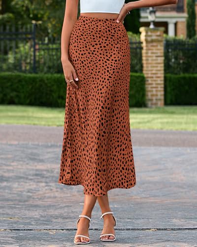 Image of BTFBM Satin Skirts for Women Trendy 2026 Summer Fall | High Waisted A-Line Leopard Print,Floral Print, Business Casual,Cocktail,Wedding Guest,Long Silk Midi Skirt