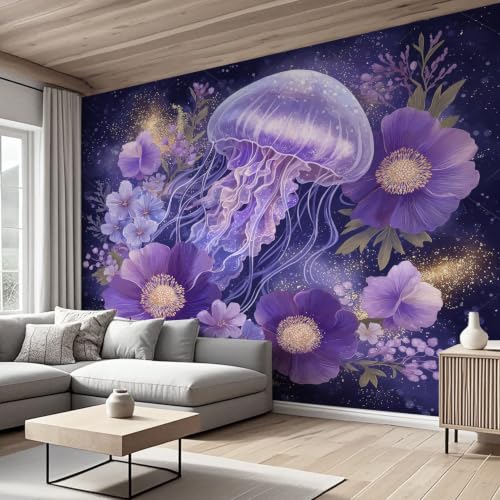 Papier peint intissé méduses pour masquer les défauts d'un mur de salon - 5