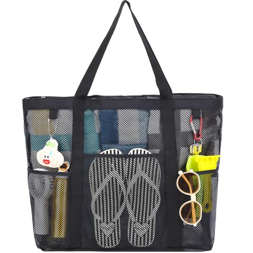 Mesh Beach Bag, Large Beach Tote with Top Zipper Closure & 8 Pockets Toys Pool Bag Family Vacation Cruise Essentials