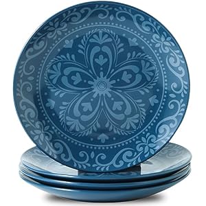 Set of 4 Large Ceramic Dinner Plates 105in Ideal for Pizza and Salads Perfect for Home Restaurant and Parties Microwave Dishwasher Safe Stylish Blue Print Design