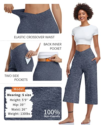 Image of TARSE Womens Casual Wide Leg Yoga Capris Crossover High Waist Capri Pants Loose Soft Pajama Pockets Sweatpants