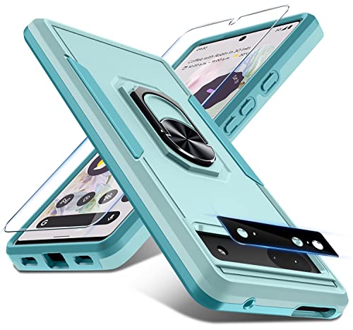Image of Janmitta for Google Pixel 7 Case with Screen Protector+Camera Lens Protector,Heavy Duty Shockproof Full Body Phone Cover,Built in Metal Ring Holder Kickstand,2022 Mint Green