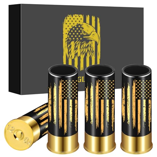 National Flag Plastic Bullet Shot Glasses Set of 4 with Gift Box for Birthday Wedding Party, Christmas Gift for Men Women Patriot, 12GA Small Shot Cups for Whiskey Tequila Liquor Vodka, Black