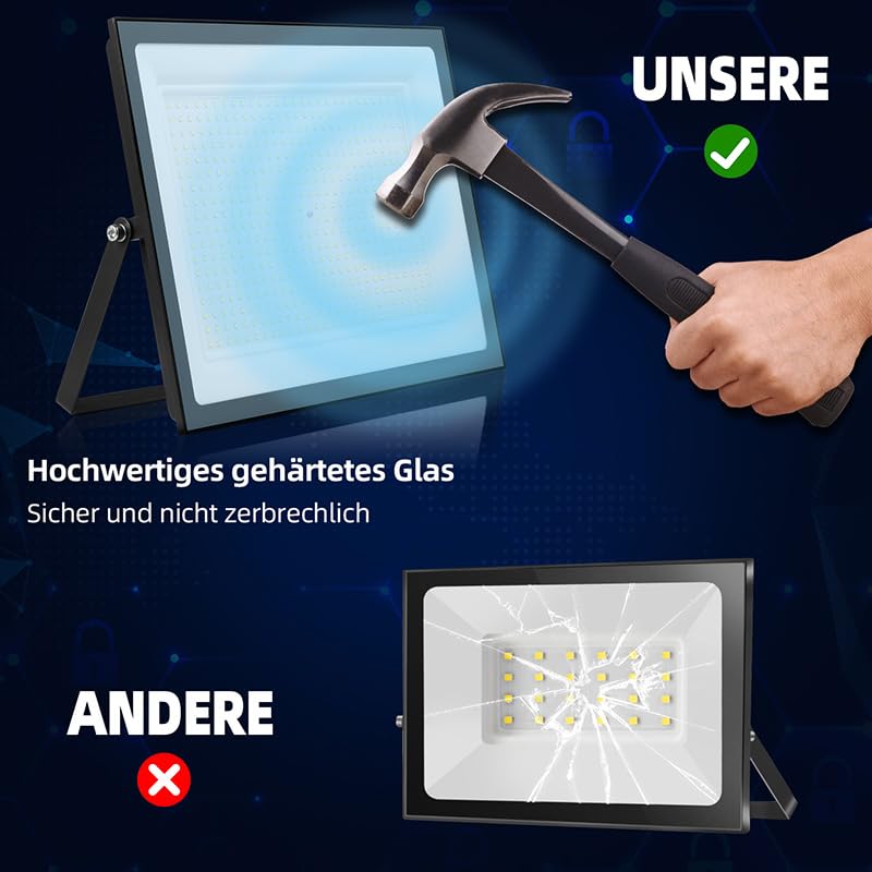 500W LED Strahler Außen, 50000LM Superhelle Außenstrahler LED, 6500K Tageslichtweißer Scheinwerfer, IP66 Wasserdichte Ultradünne Aussenstrahler für Garten, Hinterhof, Hof, Garage