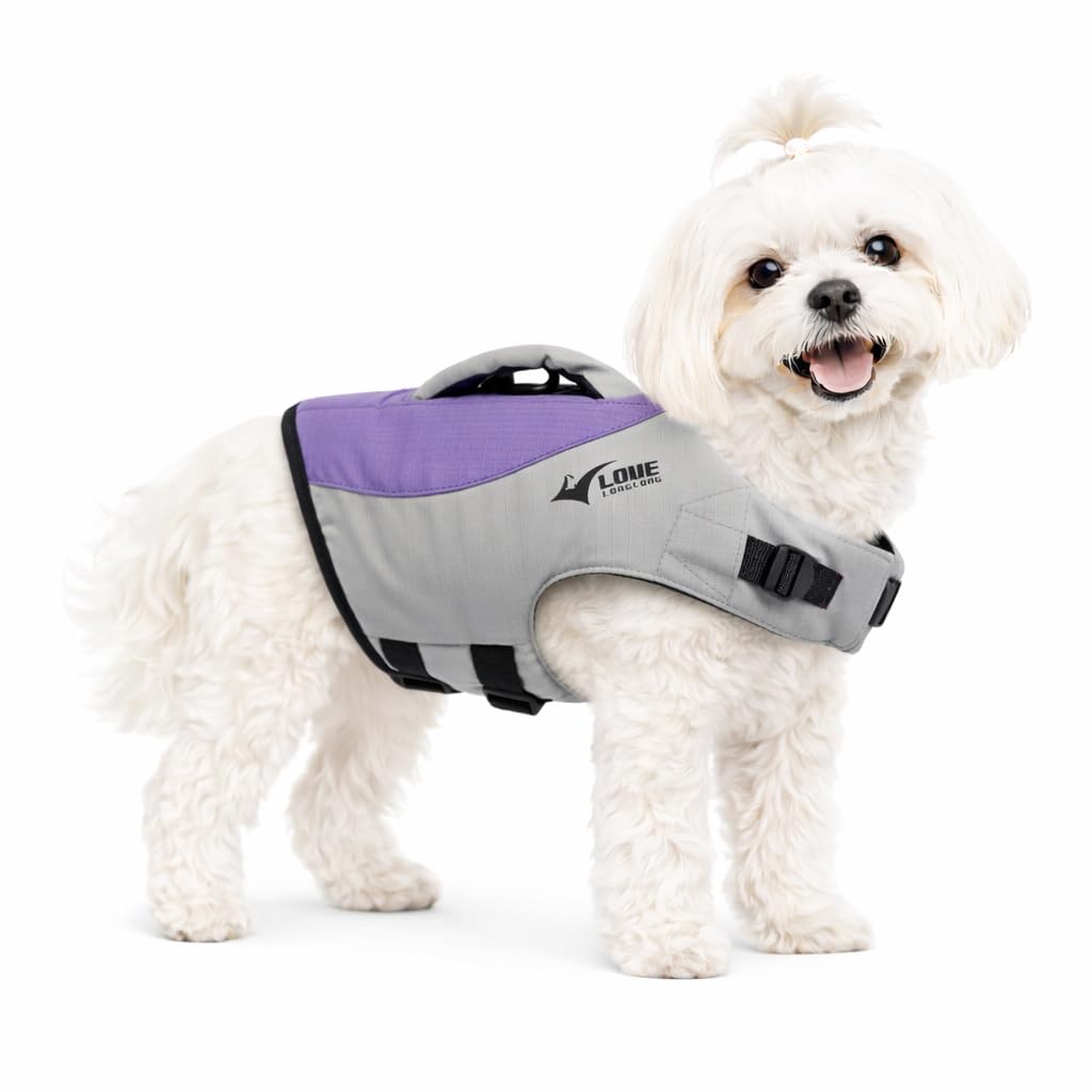 Dog Life Jacket, Sport Style Dog Float Coat with Excellent Buoyancy, Stylish Dog Swimming Safety Vest with Rescue Handle for Small Medium Large Dogs Purple XS