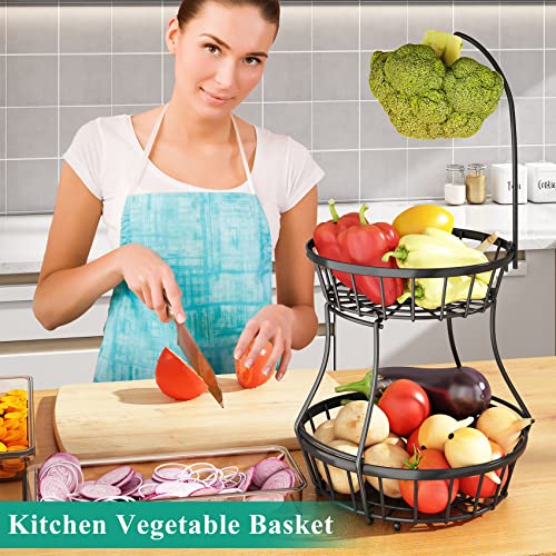 2-Tier Fruit Basket Bowl Stackable Vegetable Storage With Banana Tree Hanger Stand For Kitchen Countertop, Metal Wire Basket For Bread Onions Potatoes Black #TOP3