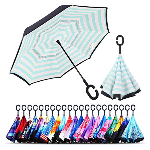 Preisvergleich Produktbild Jooayou Doppelschichtiger umgekehrter Regenschirm, C-förmiger Griff, umgekehrt, faltbar, UV-Schutz, winddicht, Reise-Regenschirm mit Tragetasche, damen, Green Strip
