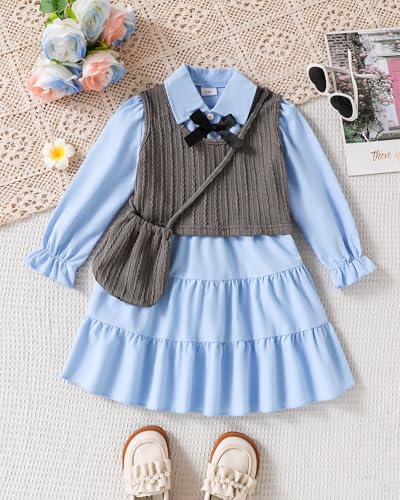 Toddler Little Girls Dress Fall Winter Clothes Long Sleeve Shirt Dresses and Knit Vest Set Kids Girls Outfits3