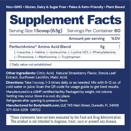 Image of BodyHealth PerfectAmino Powder - BCAA and EAA Powder for Pre and Post Workout - Amino Acid Energy Drink for Men and Women to Support Lean Muscle and Recovery - Strawberry - 60 Servings