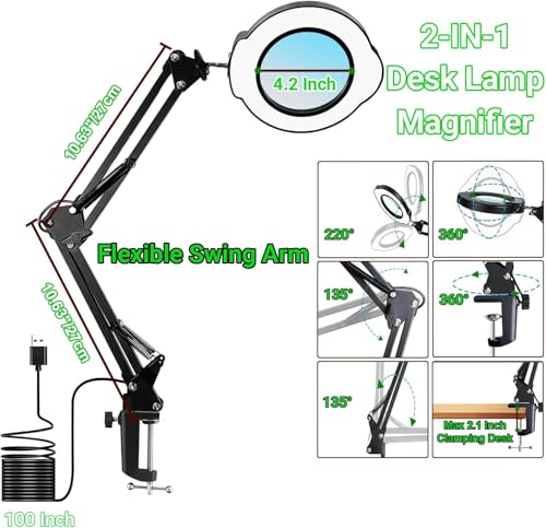 Lampe loupe 15X à bras pivotant avec 84 LEDs et intensité variable - 3