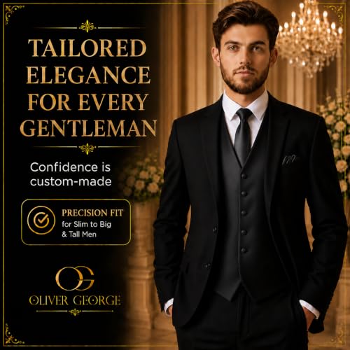 Image of Oliver George 4pc Men's Solid Formal Suit Waistcoat Tuxedo Dress Vest Necktie Bowtie Handkerchief Set for Suit or Tuxedo