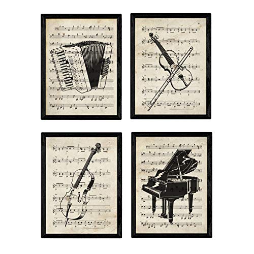 Nacnic Set de 4 láminas de Enciclopedia Vintage con Instrumentos y Partituras. Piano, Violin, chelo, acordeon. Música clásica. Tamaño A4. con Marco.