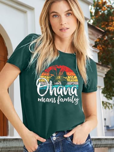 Image of Ohana Means Family Tshirt Women: Hawaii Tropical Graphic T-Shirt Summer Vacation Short Sleeve Tee Top