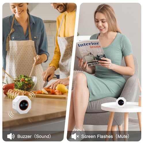 Image of Small Rechargeable Pomodoro Timer, Gravity Sensor Auto-Rotating 7 Preset Times (1 /3 /5 /15 /30 /60 /90 min) & Count Up Mode, Digital Kitchen Timers for Cooking, Work and Study (Pearl White)