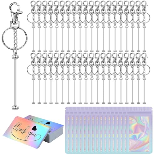 Image of 42 /84 /126 Pcs Beadable Keychain Bars Bulk Blank DIY Beaded Keychain Making Supplies with Bag Thank You Card