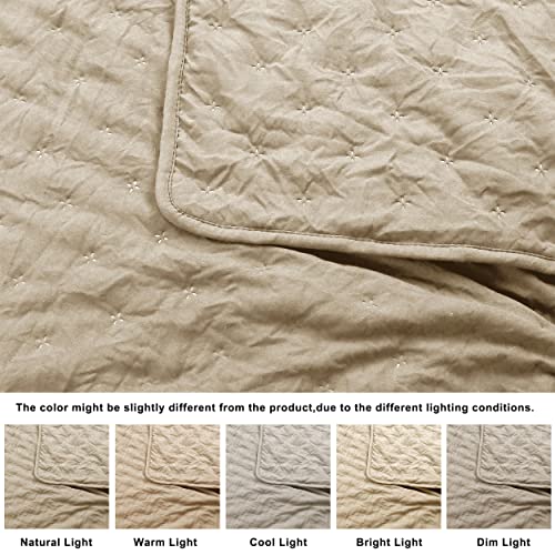 ROARINGWILD Beige Cloud Twin Size Quilt Bedding Sets with Pillow Sham, Farmhouse Lightweight Soft Bedspread Coverlet, All Season Rustic Country Thin Comforter, 2 Pieces, 68x90 inches, Tan Cream