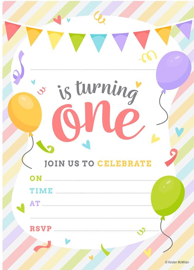 32 Multicolour 1st Birthday Party Invitations with Envelopes - Kids Childrens Invitation - Pack of 32 - Designed and Printed in the UK