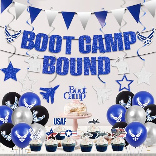 Image of Holkcog Air Force Party Decorations, Blue Boot Camp Bound Themed Birthday Banner, Farewell Party Welcome Ceremony, Fighter aircraft Cupcake Decoration, Jet Aircraft Plane Airplane Military Cake Topper