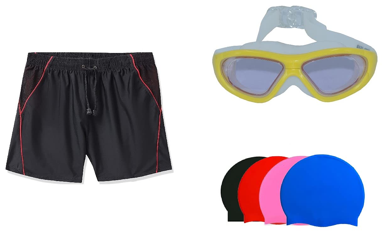 SWIMMING SHORTS V-216 BLACK RED PIPING SIZE 3XL WITH GOGGLES SILICONE IS-SG LARGE WITH BOX WHITE AND 100% SILICONE SWIMMING CAP PLAIN BLACK-image-13