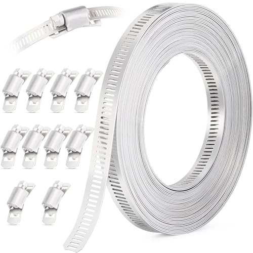 OURU 20FT Hose Clamps,304 Stainless Steel Hose Clamp Assortment Kit DIY Metal Strapping with Holes+10 Fasteners,Adjustable Worm Gear Large Hose Clamps Metal Band Screw Clamp Straps for Pipe,Duct,Tube