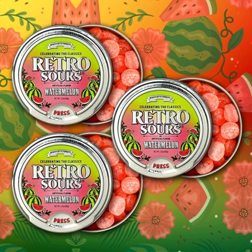 Retro Sours Hard Candy – Tangy Fruity Vintage Candy – Classic Sour Candy Gift Set of Retro SourTins – 3-Tin Pack 60g Each (Watermelon)