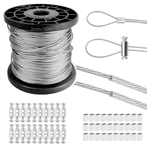 AZKEEGREY Cuerda de alambre de acero inoxidable de 2 mm con revestimiento de PVC, 50 m, cable de jardín resistente de 7 x 7 hilos, con 60 abrazaderas de crimpado