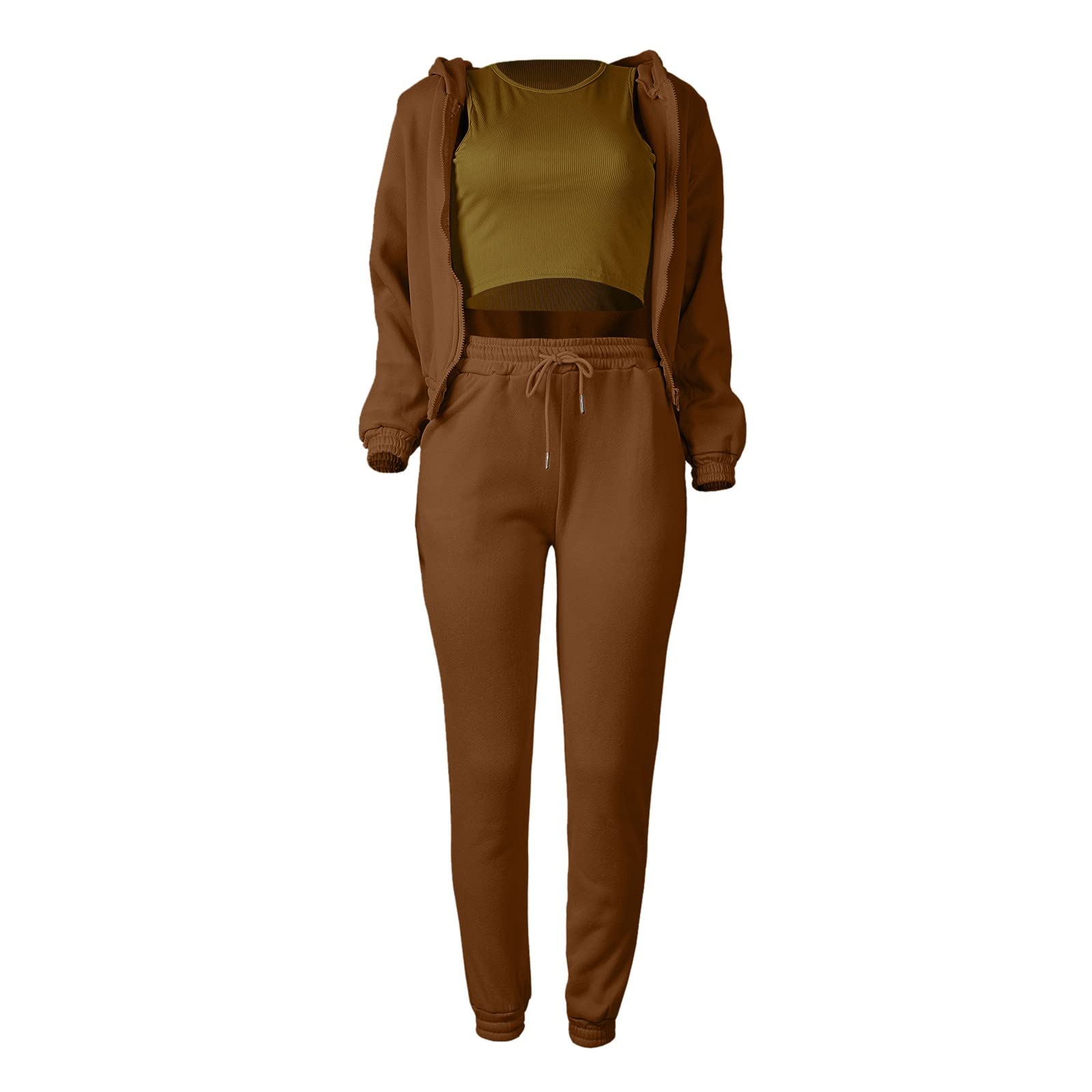 Generisch Tuta sportiva da donna, in cotone, con cerniera, 3 pezzi | Tuta per il tempo libero con tasche, felpa con cappuccio e pantaloni da jogging, set da yoga, calda tuta sportiva