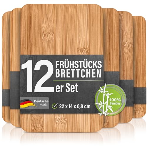 12er Set Frühstücksbrettchen aus Bambus Holz - 22x14x0 8cm - Ideal für Frühstück Brotzeit und kleine Mahlzeiten - Holzbrettchen Brettchen Frühstücksbrett Holzbrett