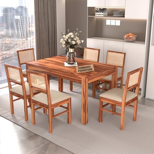 Image of 55 Inch Length Solid Wood Cane 6 Seater Dining Table Set | Six Seater Dining Table With 6 Cushions Chairs For Dining Room | 6 Seater Dining Set for Hotel Restaurant | Sheesham, F-Honey