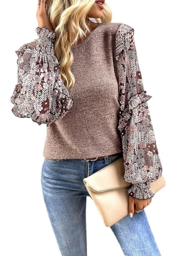 Pale Chestnut Ruffle Tiered Floral Sleeve Crew Neck Blouse