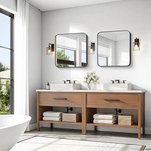 Image of KOCUUY Square Bathroom Mirror, 24 inchx24 inch Black Rectangle Vanity Mirror, Black Metal Frame Mirror with Rounded Corner for Bathroom, Bedroom, Living Room, Entryway
