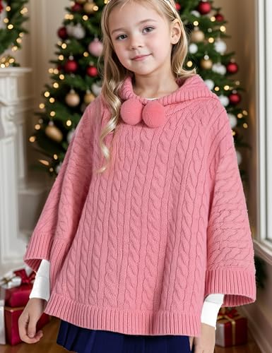 JSTEX Girls Poncho Sweater Cable Knit Cape Girl Hooded Pullover Sweater Holiday Kids Shawl Wrap for 6-123