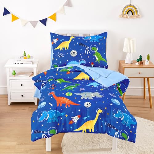 Wake In Cloud - Dinosaur Toddler Bedding Set for Boys Dino Astronauts Rocket Space 4 Pieces Soft Crib Bed Set Including Comforter Sheets and Pillowcase Royal Blue