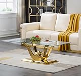 Henf Luxury Gold Glass Coffee Table for Living Room Modern 47' Rectangular Center Table Cocktail Table with Mirror Finish Stainless Steel Base and Clear Glass Top for Home Office Apartment (Gold)